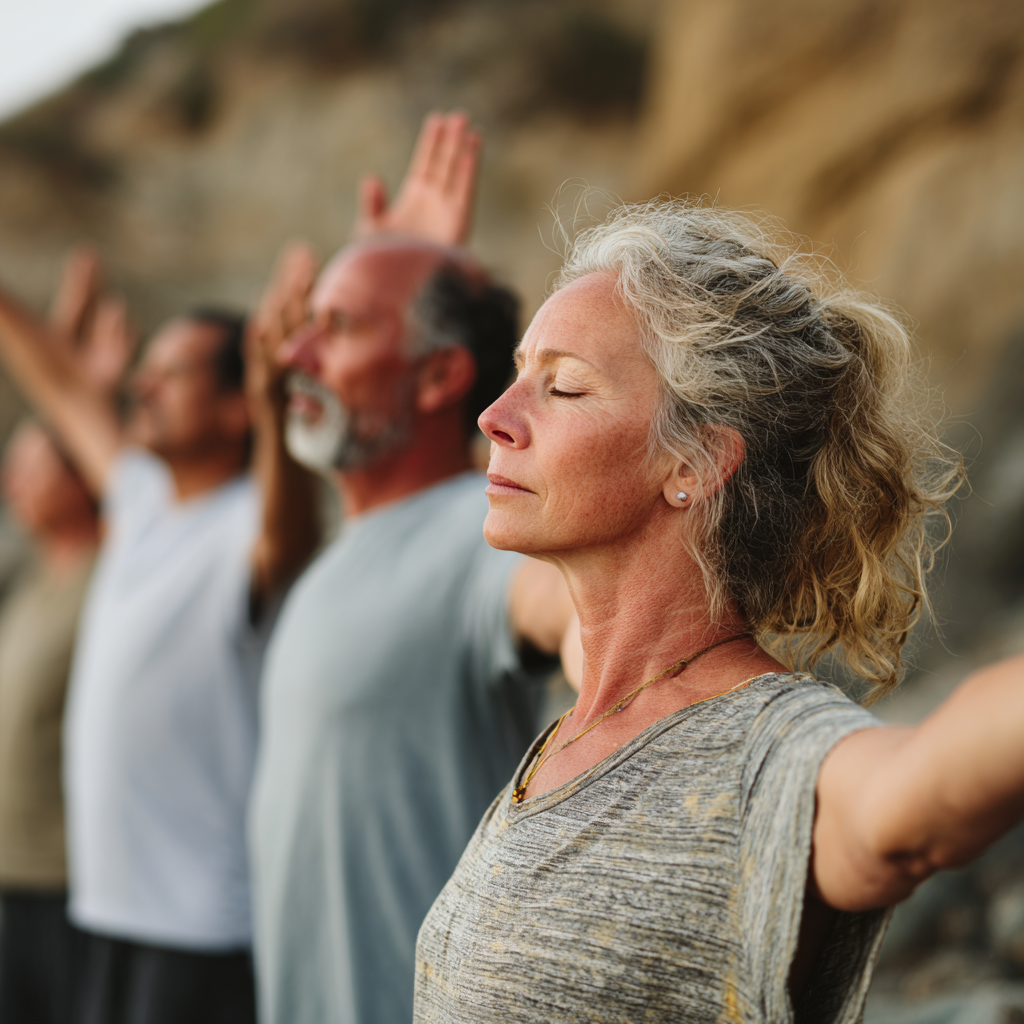 Middle-aged adults practicing gentle movement exercises in natural outdoor setting