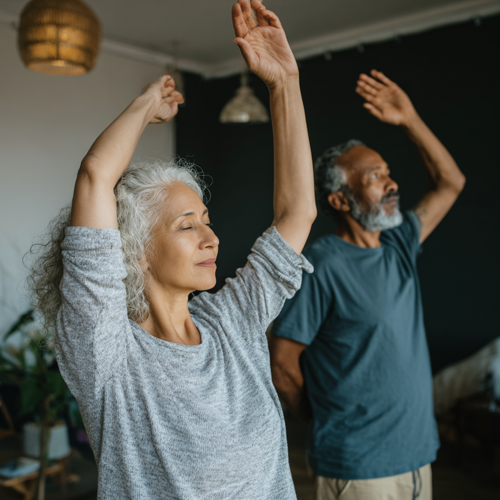 Older adults incorporating gentle movement exercises into daily routine at home