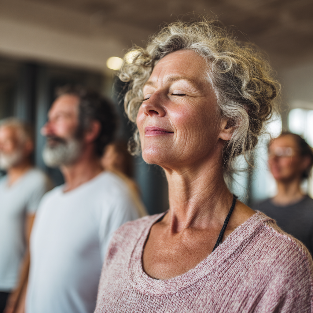 Supportive community of middle-aged adults practicing wellness together in peaceful environment